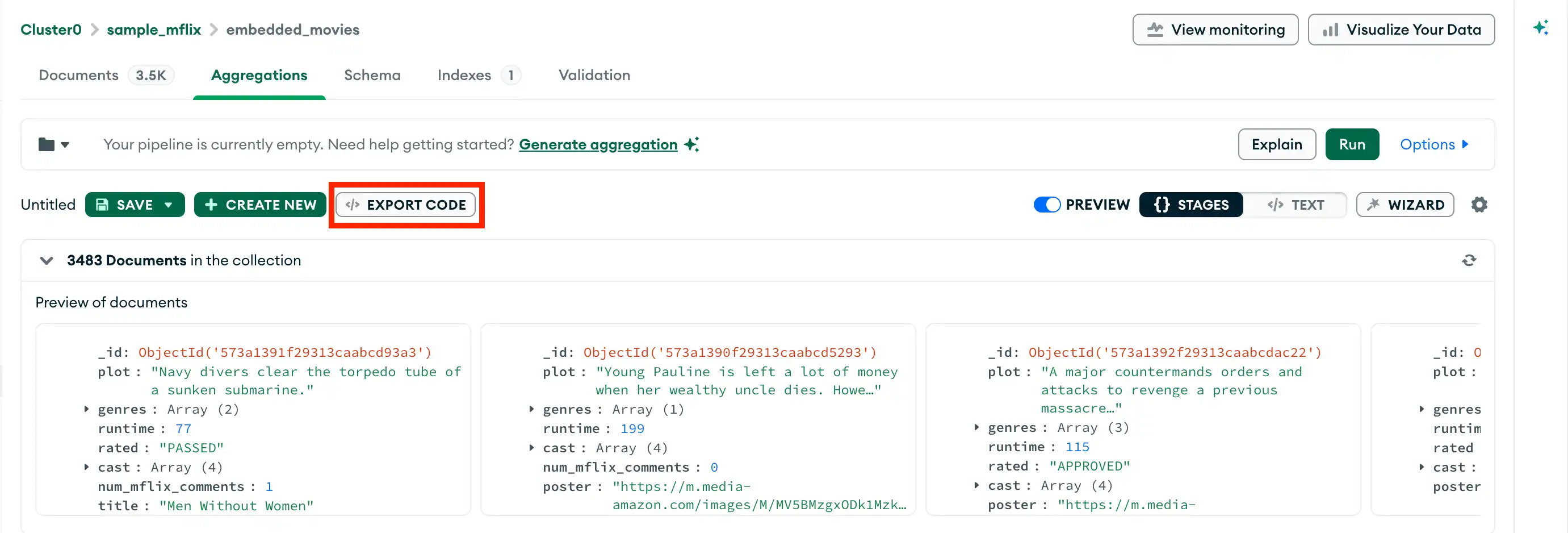 Aggregation Builder export button