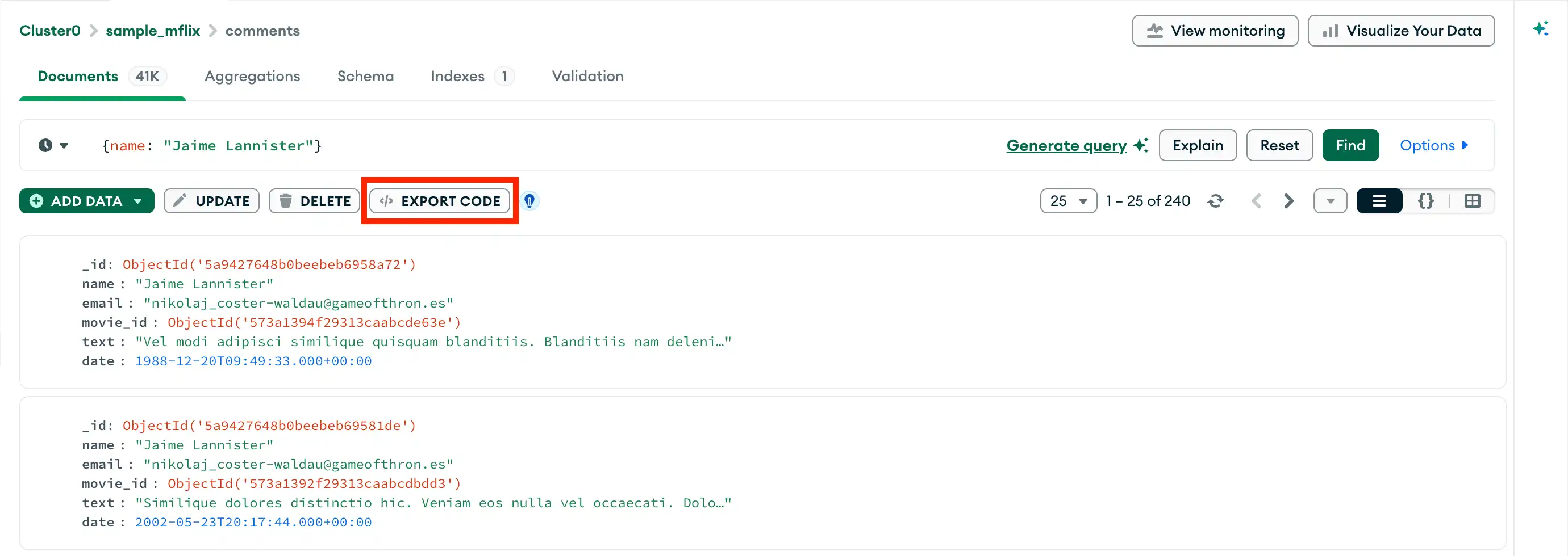 Query bar export dropdown menu