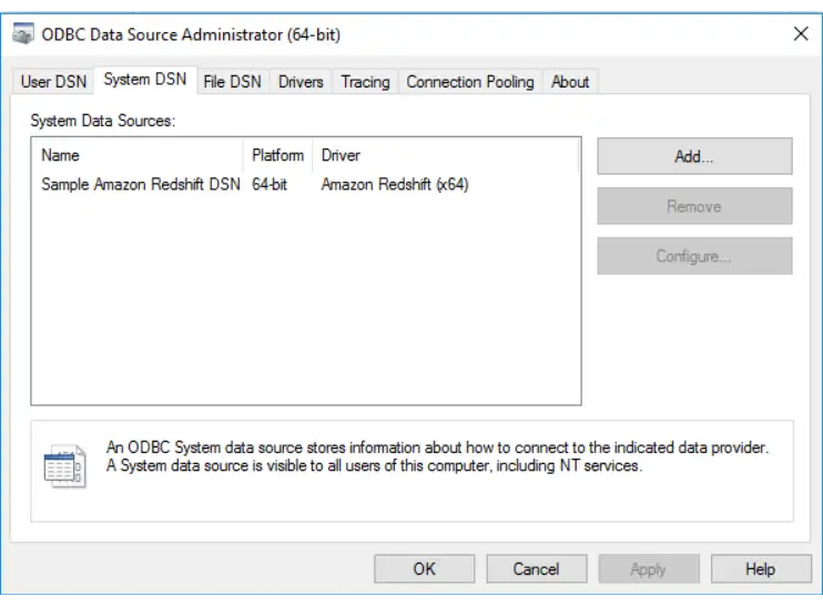 Screenshot of the Windows ODBC Administrator application