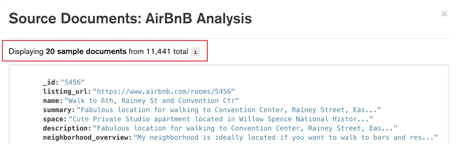 The View sample documents modal displays the document count just above the document samples.