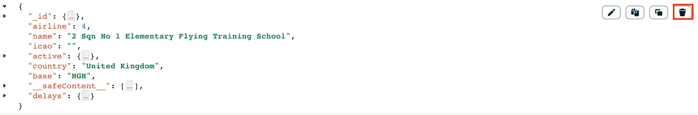 Delete button in JSON view