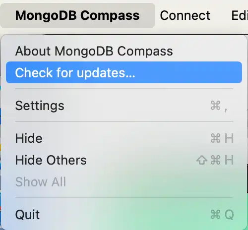 Check for updates location under the MongoDB Compass system menu