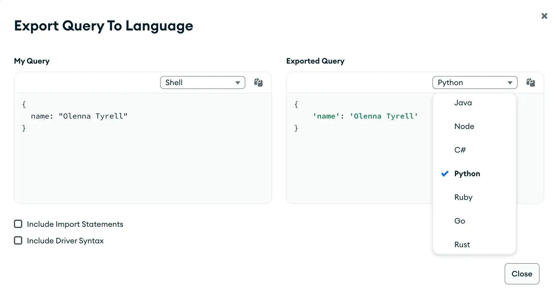 Query bar language select