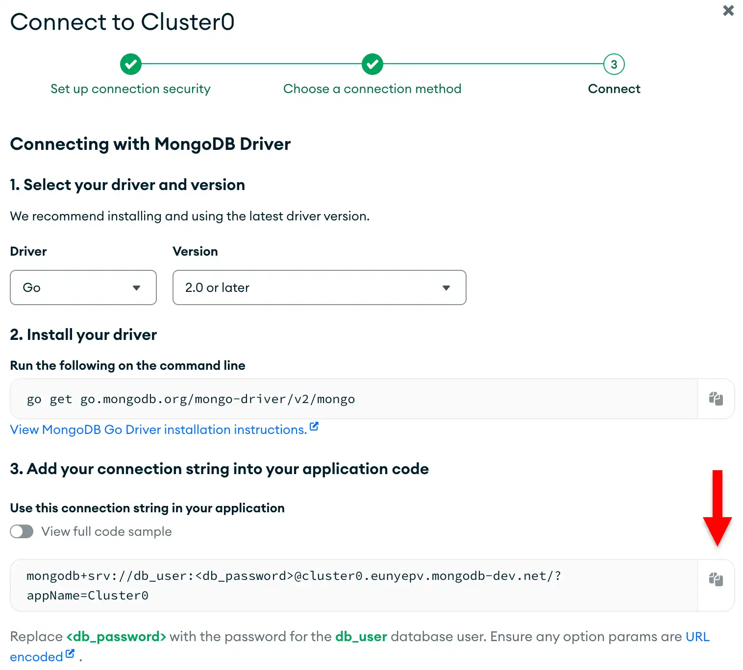 The connection string copy button in the Atlas UI