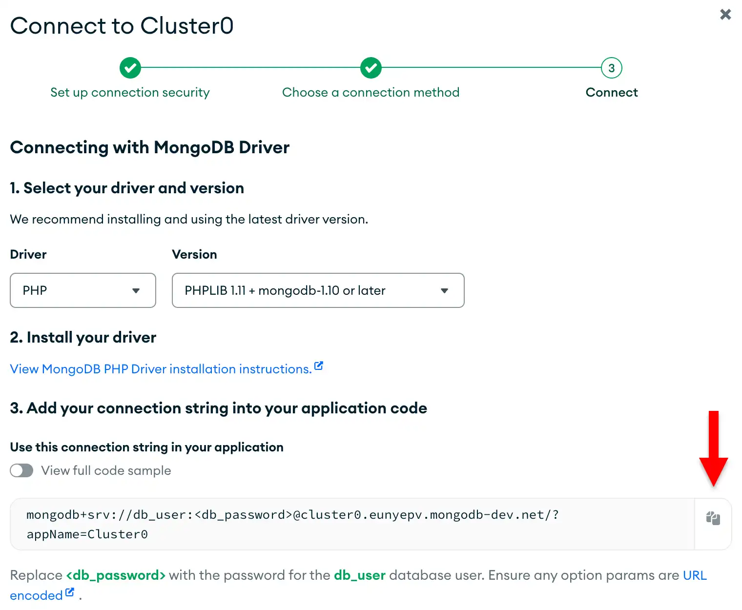 The connection string copy button in the Atlas UI