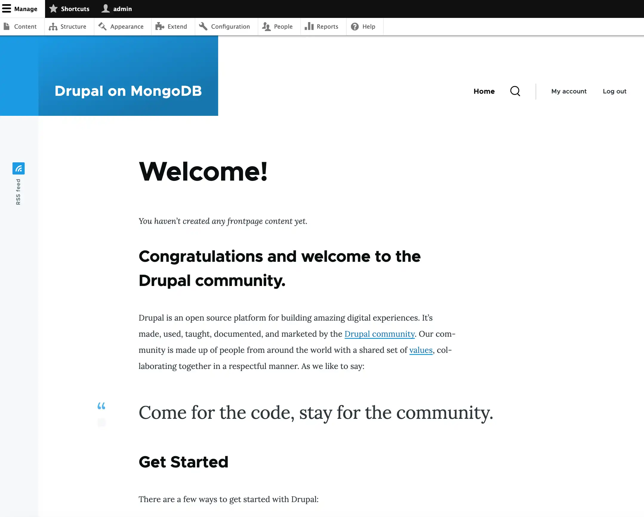 Screenshot of the Drupal home page after initial installation