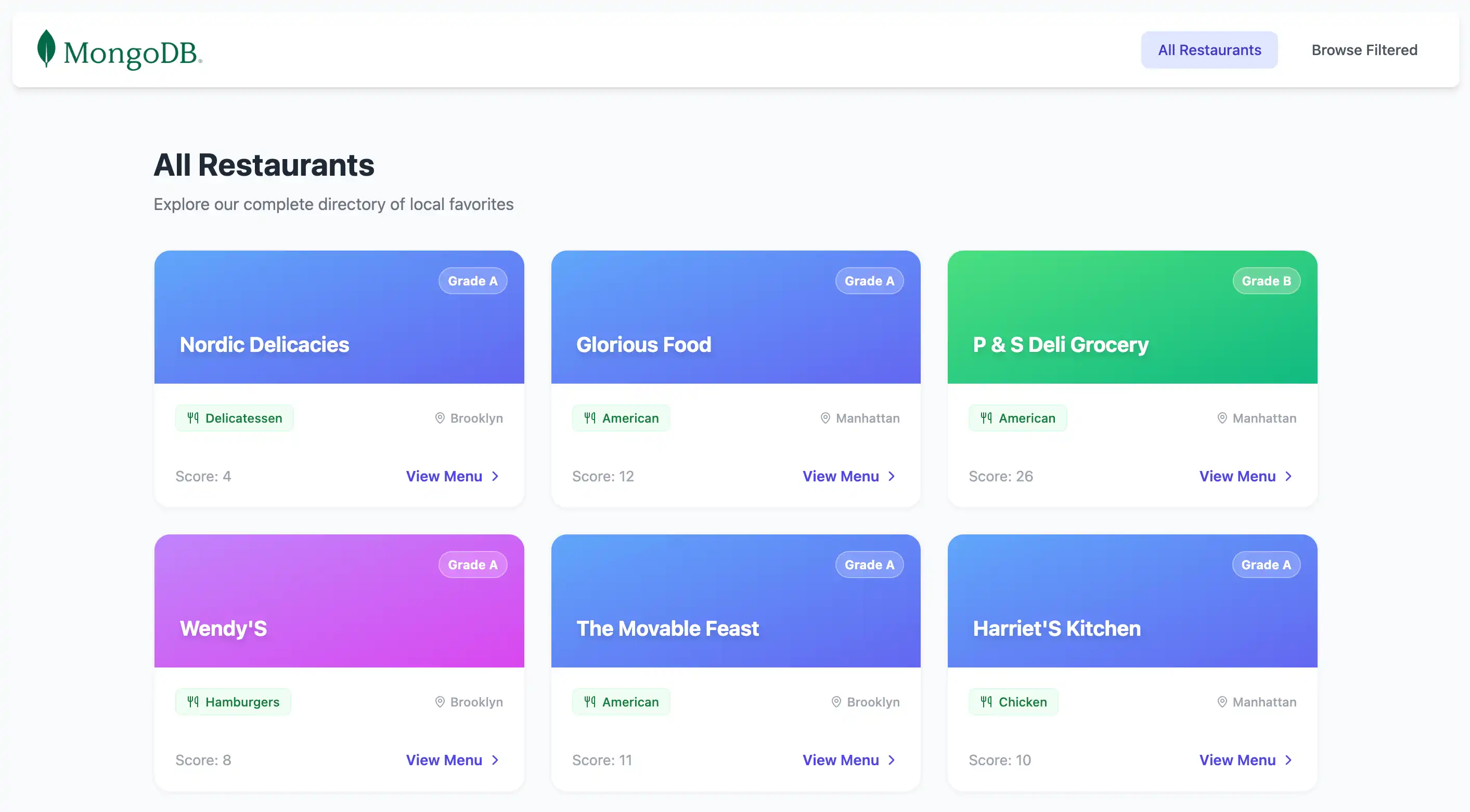 The landing app that displays the first 50 restaurants in the sample_restaurants database.