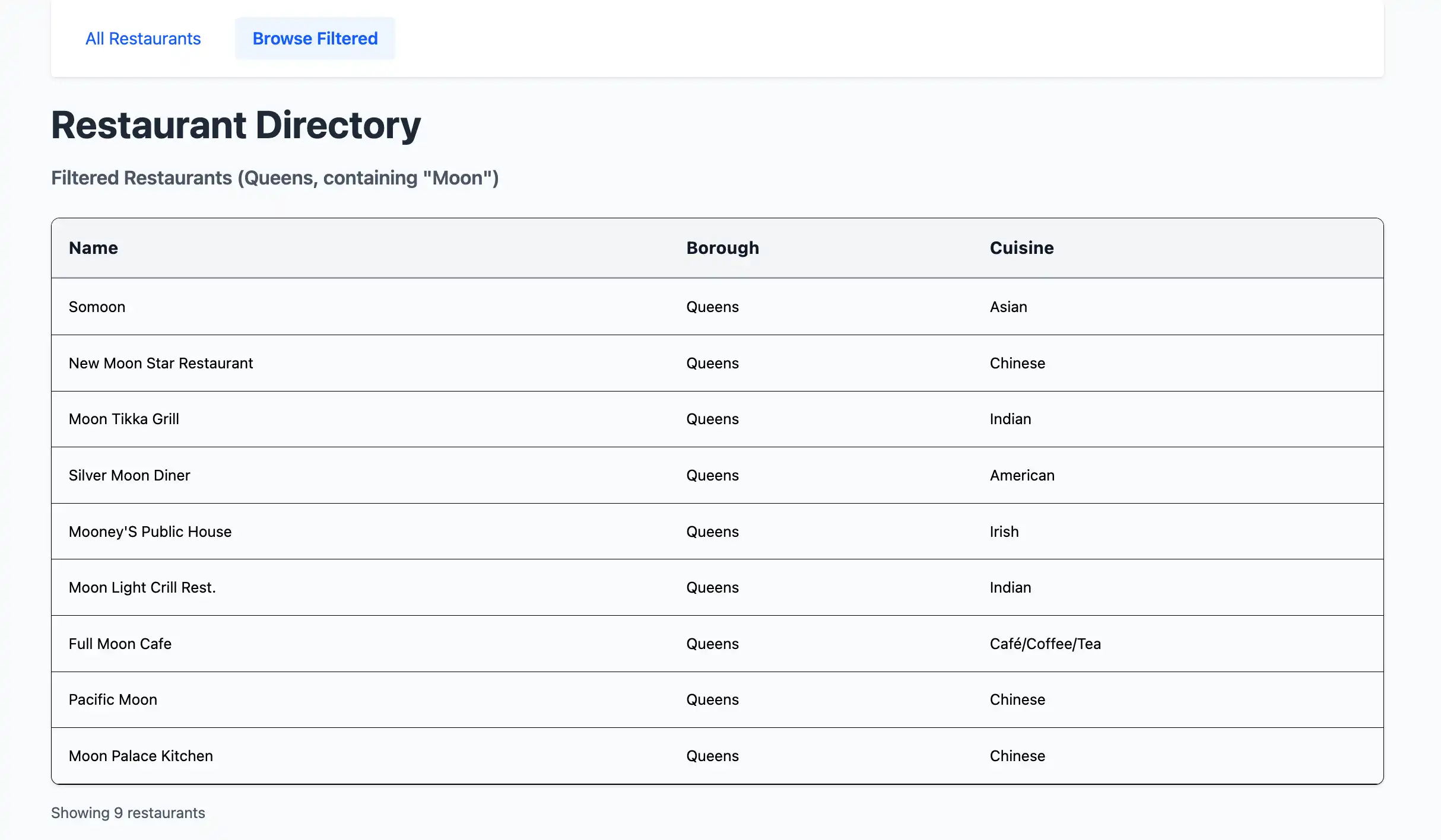 The web page that displays the filtered restaurants