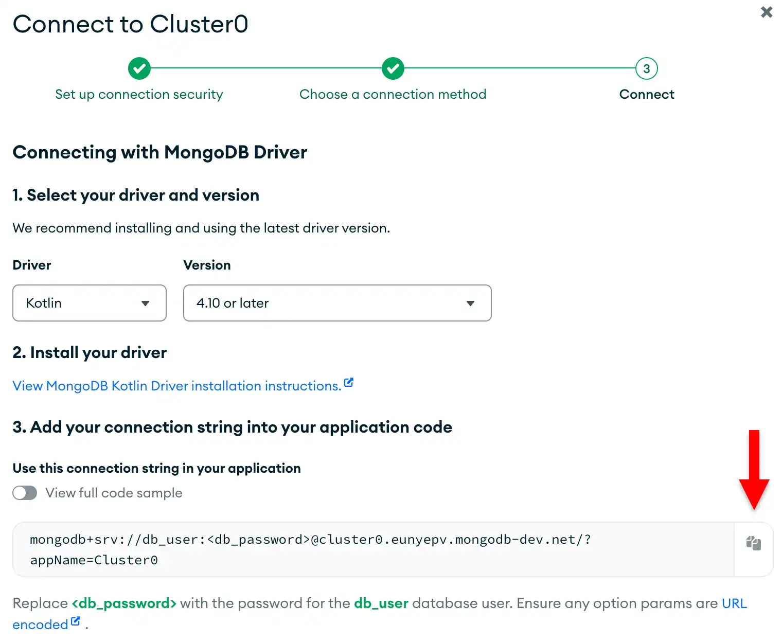 The connection string copy button in the Atlas UI