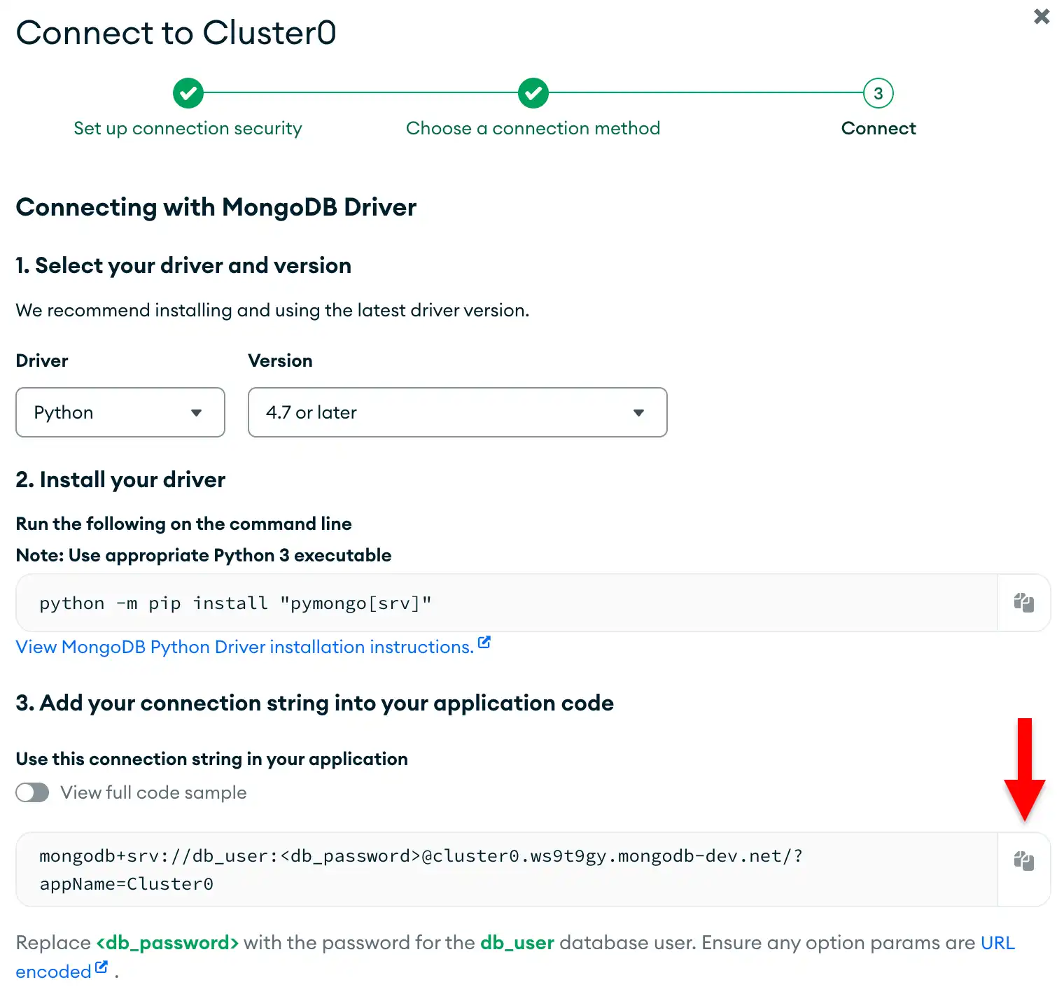 The connection string copy button in the Atlas UI