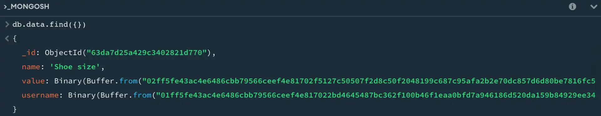 mongosh shell output when querying the database