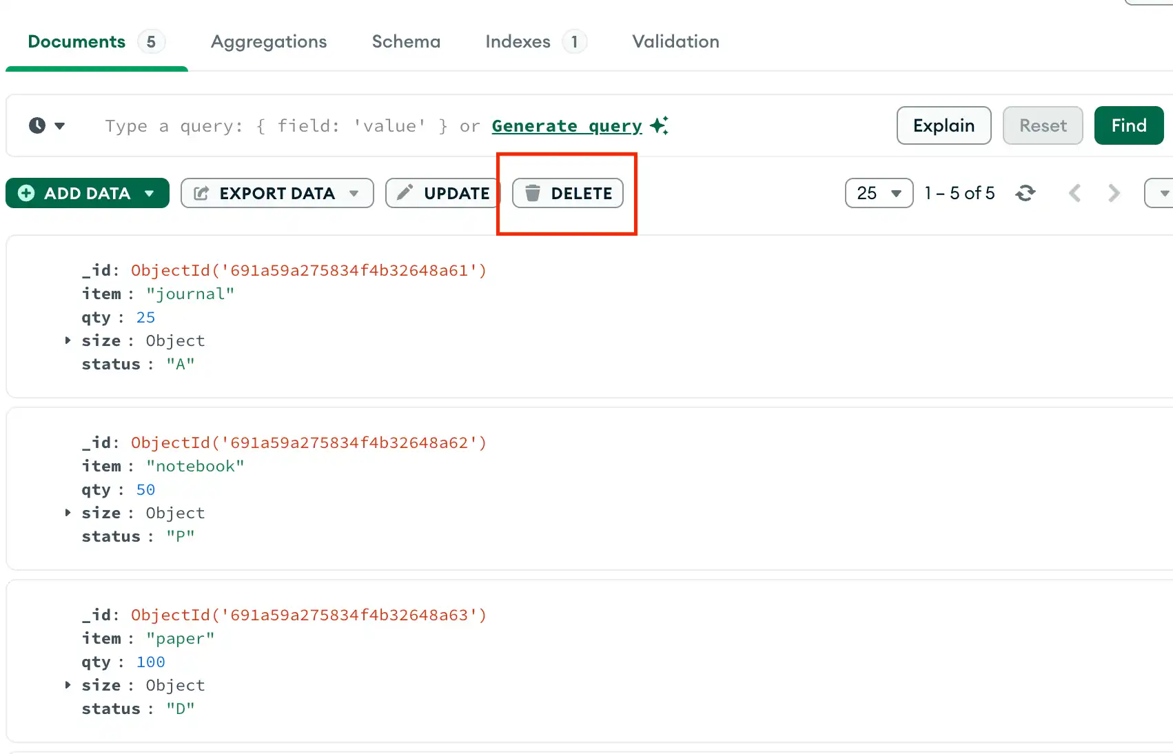 MongoDB Compass showing the Documents tab with the DELETE button highlighted.