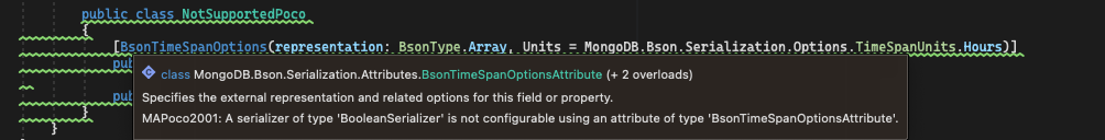 Screenshot of warning displayed in Visual Studio from an unsupported POCO.