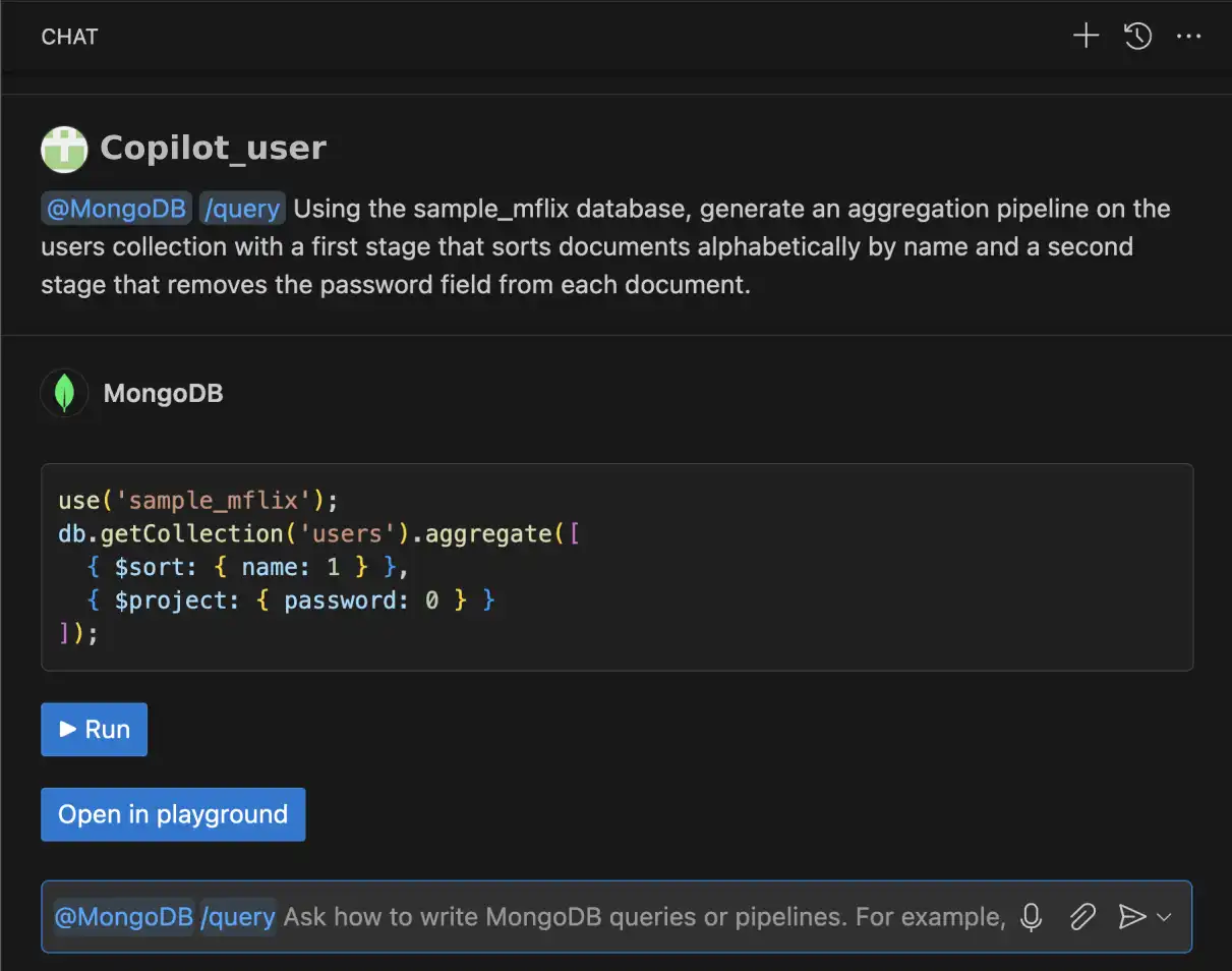 Screenshot of copilot generating an aggregation pipeline