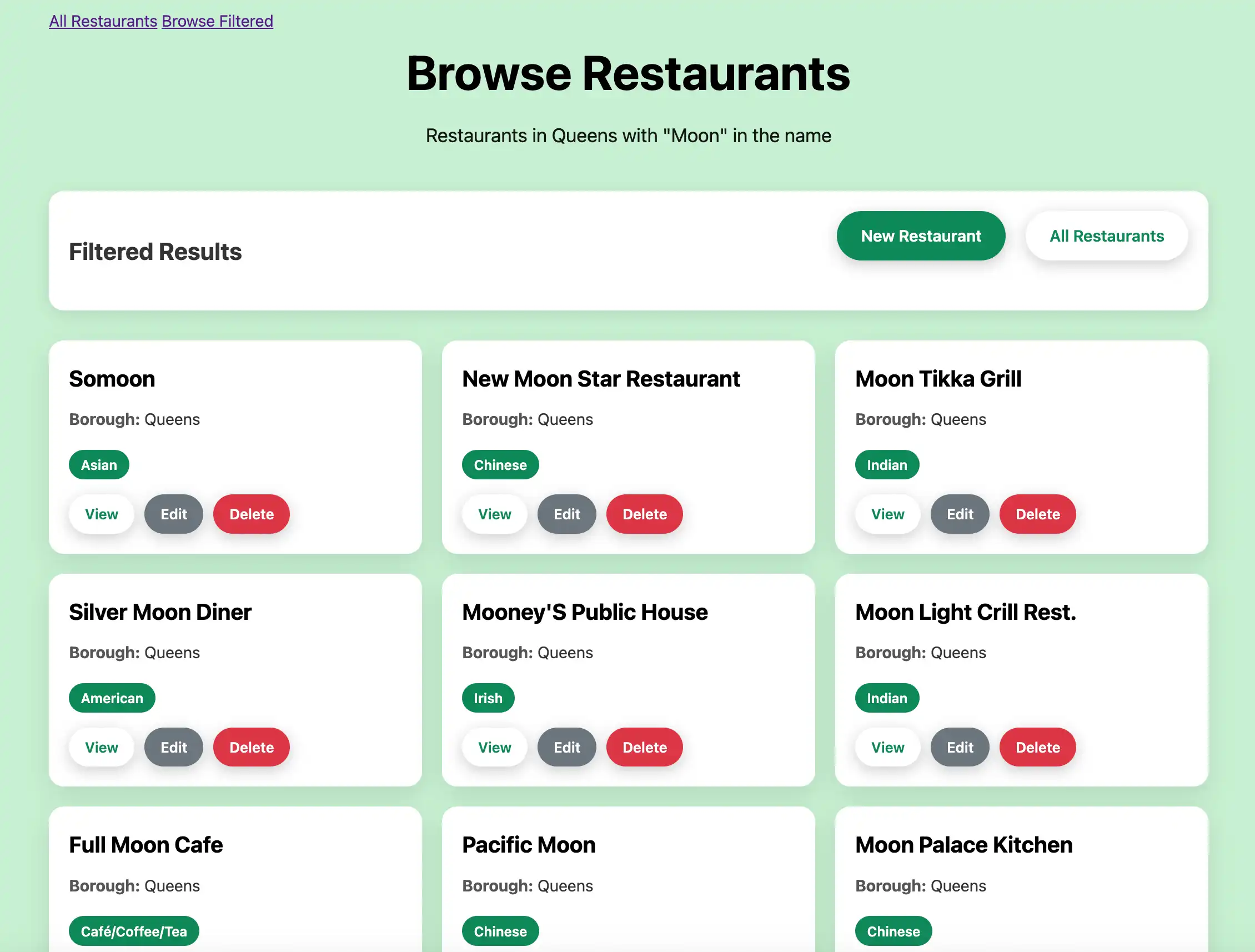 The web page that displays filtered restaurants