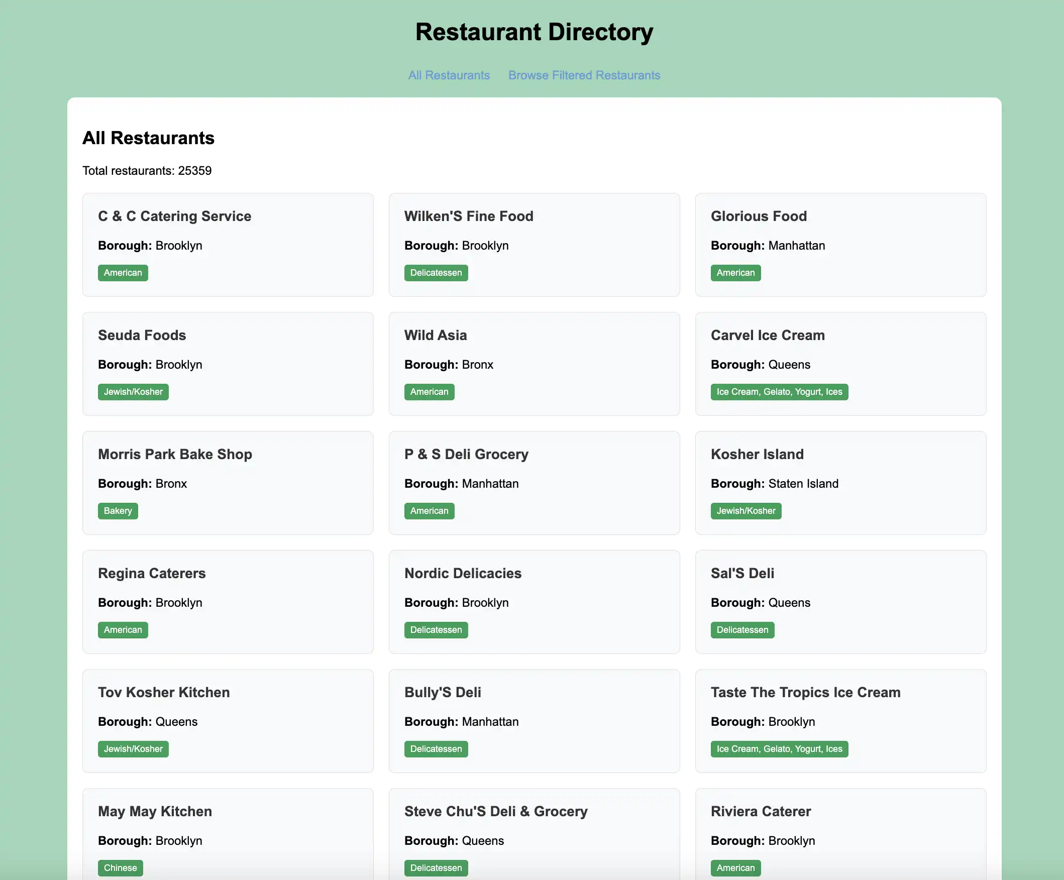 The web page that displays all restaurants