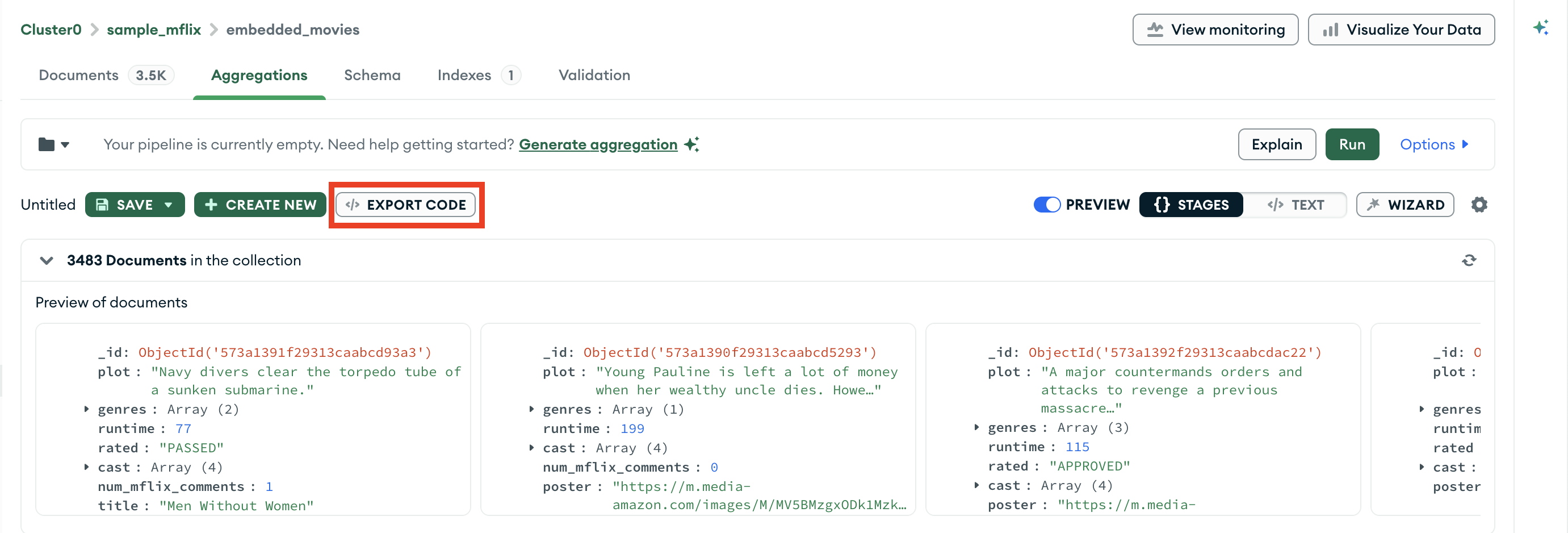 Aggregation Builder export button