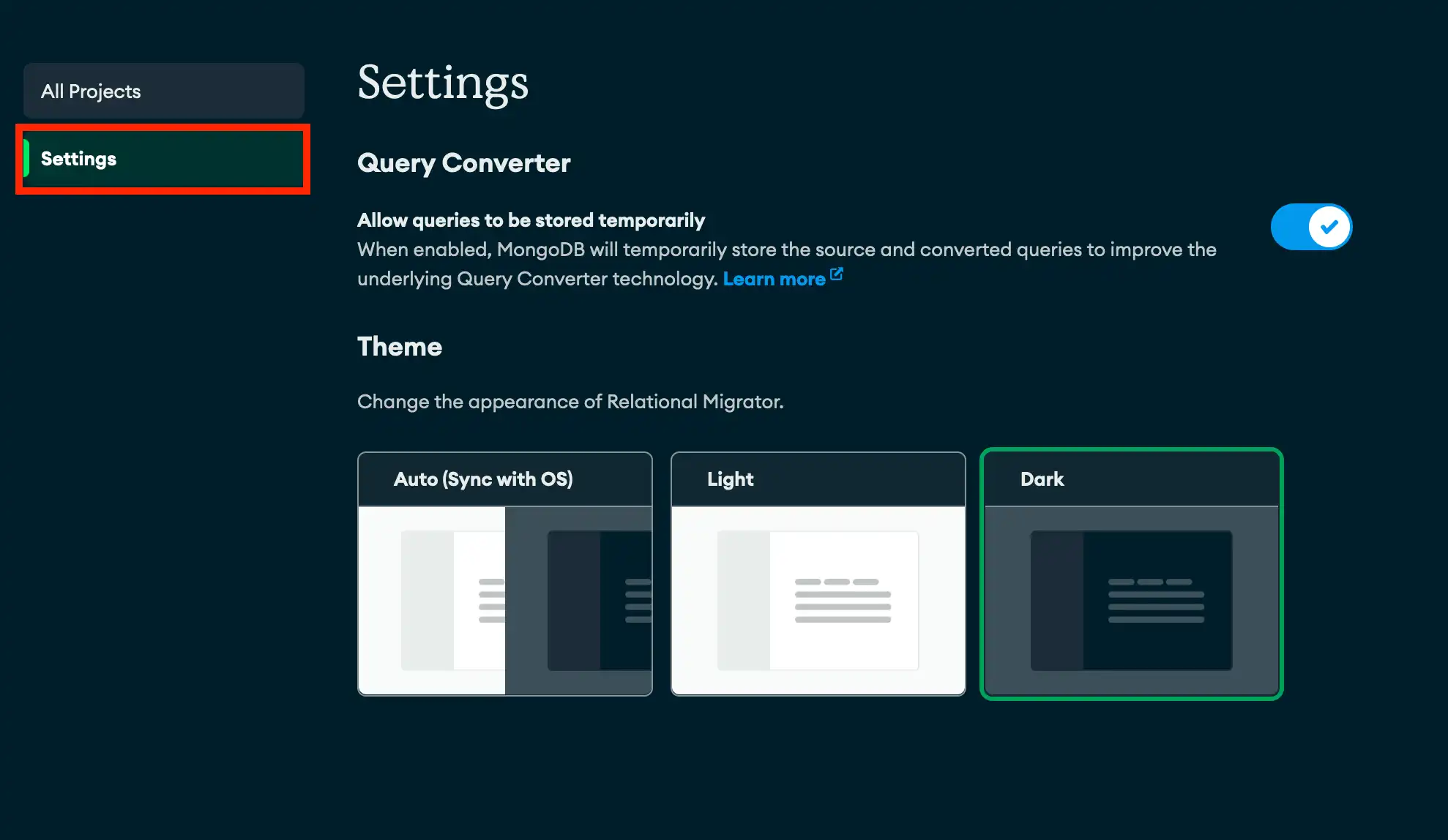 Settings panel location for Relational Migrator